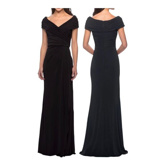 La Femme Dresses & Skirts - La Femme Faux Wrap Black Jersey Rouched Column Gown Size 14